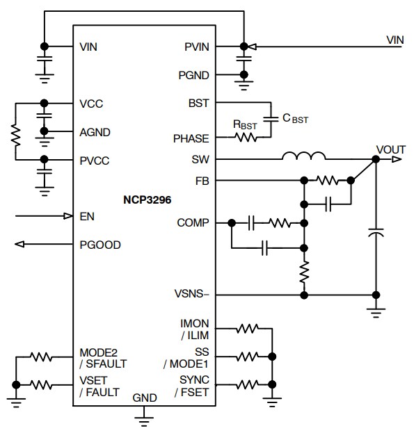 Application Circuit Diagram - onsemi NCP3296 Stackable Synchronous Buck Regulator